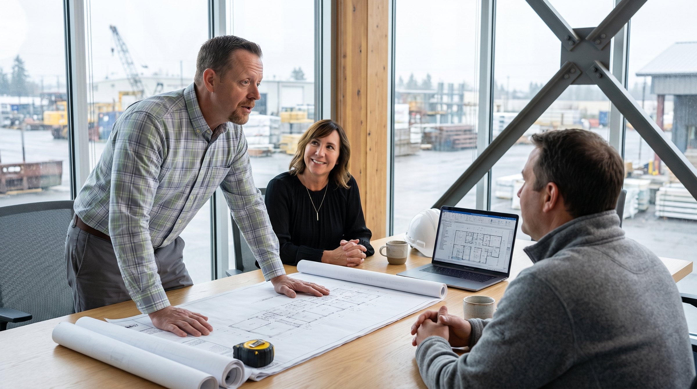 Ryan and Nancy Quinn meeting with a client over blueprints